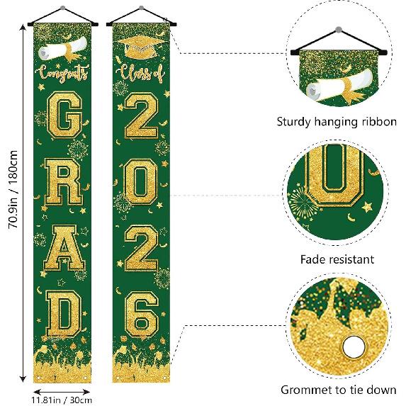 Green and Gold Graduation Decorations Class of 2026 Hanging Grad Banner - green Gold Congrats Grad Banner Porch Sign for Front Door, Graduate Door