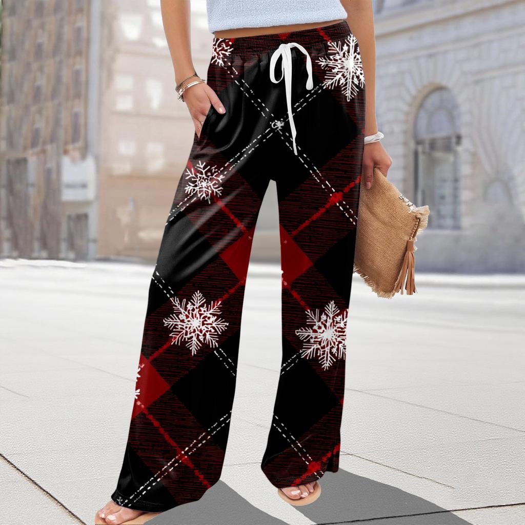 Ladies' Loose And Casual Christmas Printed Wide Leg Pants With Elastic Waistband Drawstring And Pocket Pants