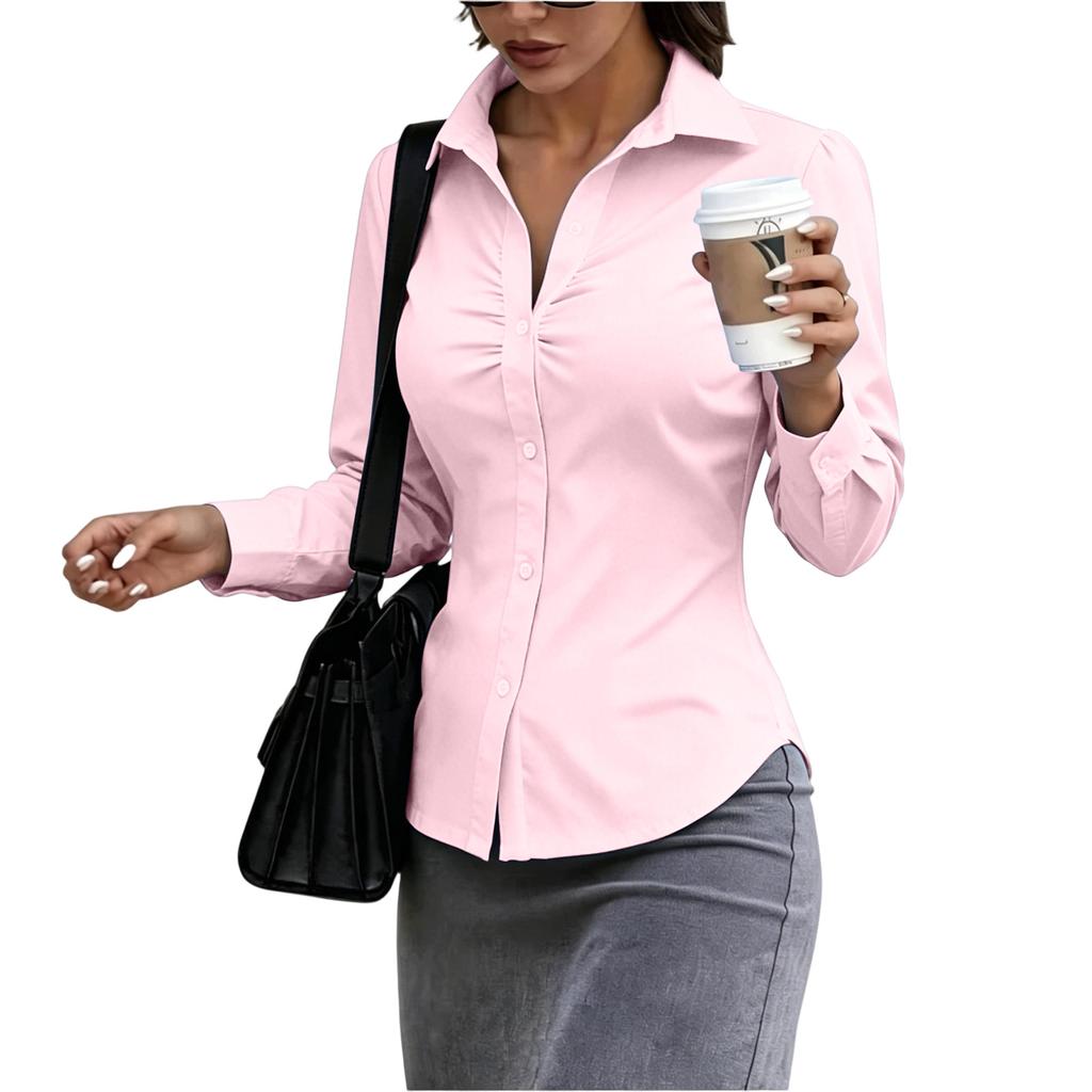 Women's Slim Fit Button Down Shirt Long Sleeve Collared Blouse Stretchy Office Workwear Top with Ruched Front Design