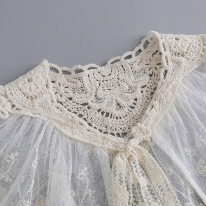 Korean Style Women False Collar Shawl Scarf Elegant Embroidery Lace Pleated Lace-Up Bowknot Shoulder Wrap Poncho Cape