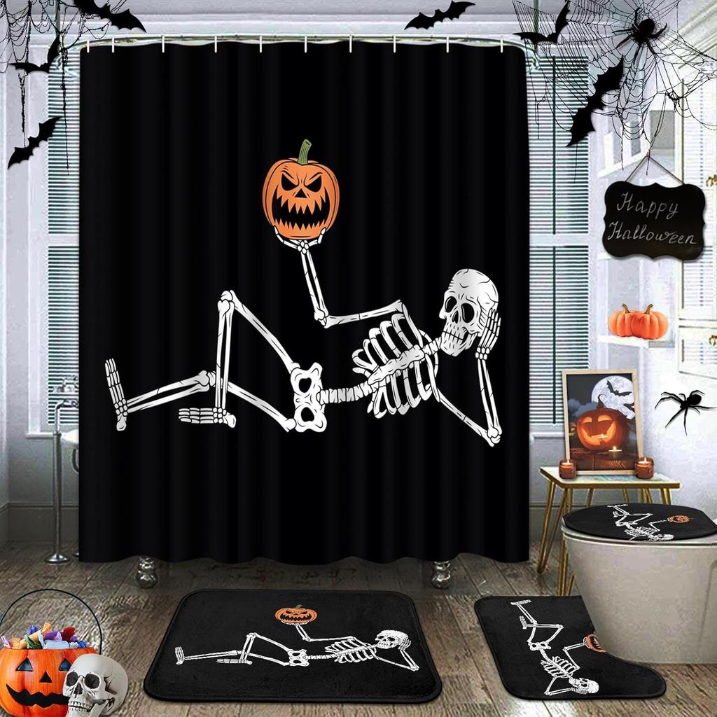Halloween Shower Curtain Sets With Rugs Halloween Skeleton And Pumpkins Bathroom Set With Non-Slip Rug, Toilet Lid Cover