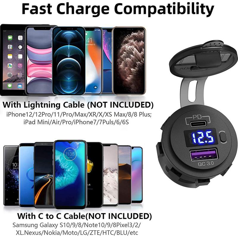 Car Phone Charger Fast Power Charging Block QC3.0 Type-C PD Dual Port Adapter With Digital Display Voltmeter Phone Car Charger