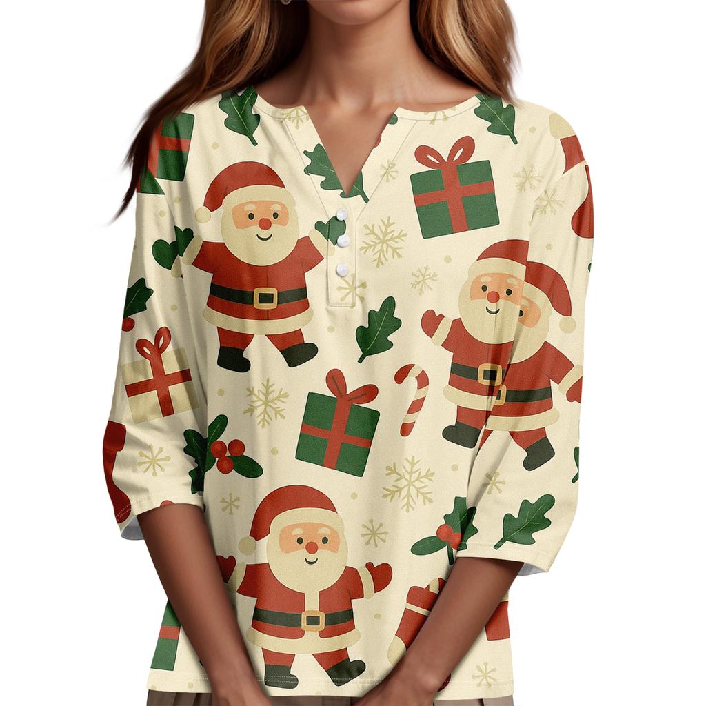 Women's Fashion Casual Halloween Printed V-Neck Short Sleeve Decorative Button Three-quarter Sleeve T-shirt Top