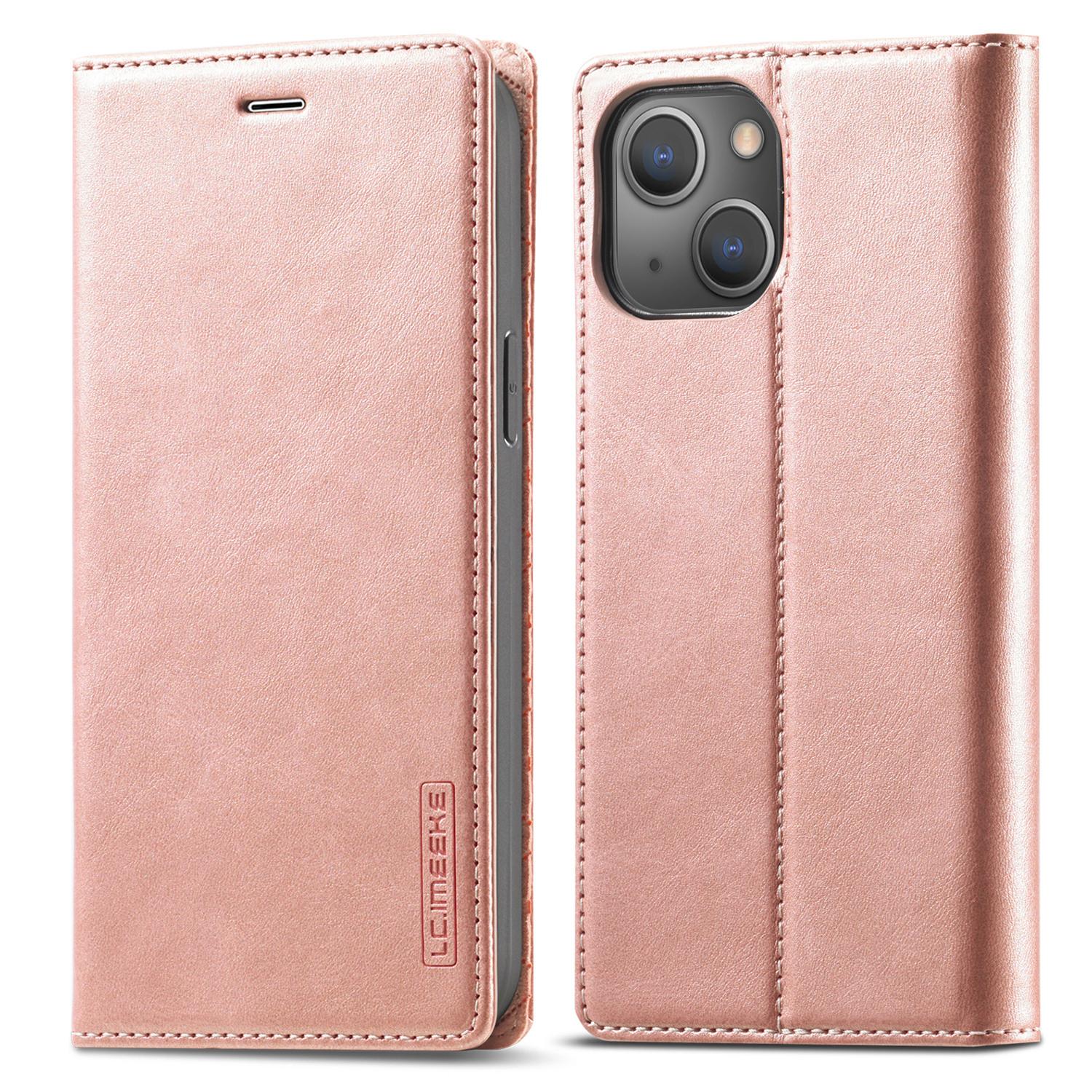 

LC.IMEEKE Cell Phone Case for iPhone 15 Plus,Stand Wallet Magnetic Closure Microfiber Leather Phone Cover Rose Gold