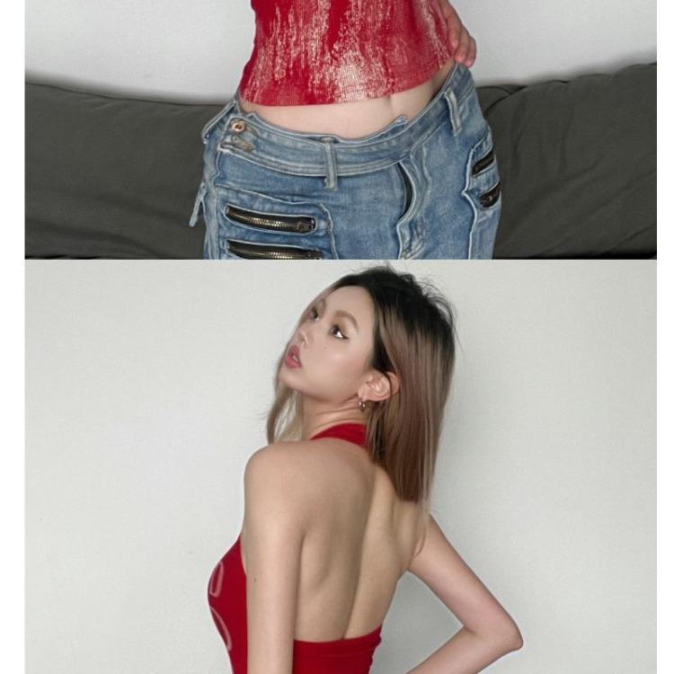 Damen Vintage-Stil Bedrucktes Halter-Top mit Schriftzug – Sexy Rotes Rückenfreies Sommer-Top