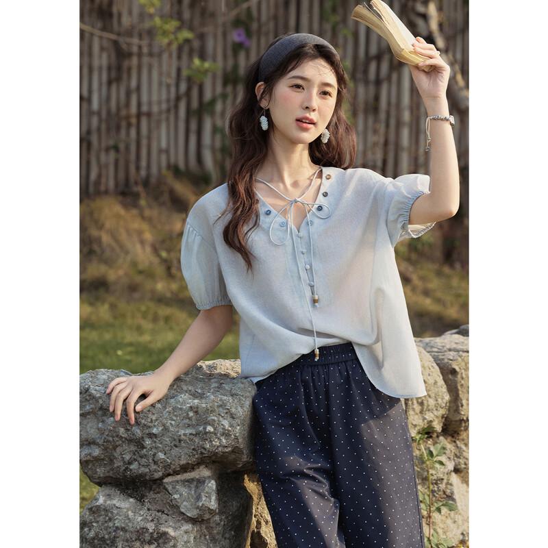 Women s Tie-Dye Puff Sleeve V-Neck Button Shirt S