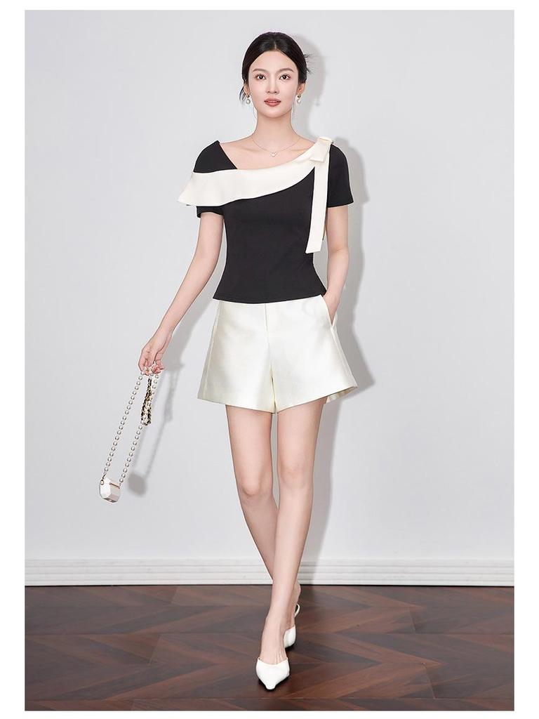 Color Block Stitching Irregular T-shirt - Women's Summer Slim Fit Short Sleeve Top In Gentle Temperament Style