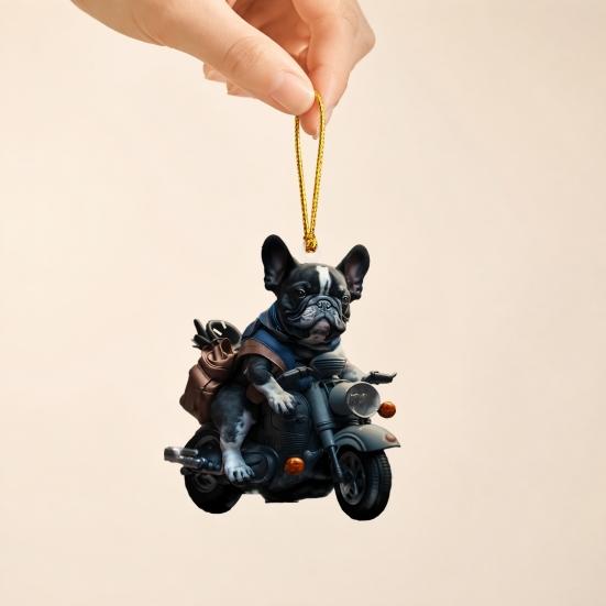Unique Xmas Window Ornament Puppy Riding Motorcycle Car Pendant, 2D Flat Acrylic Rearview Fun Holiday Accessories Mirror Hanging Charm, Christmas