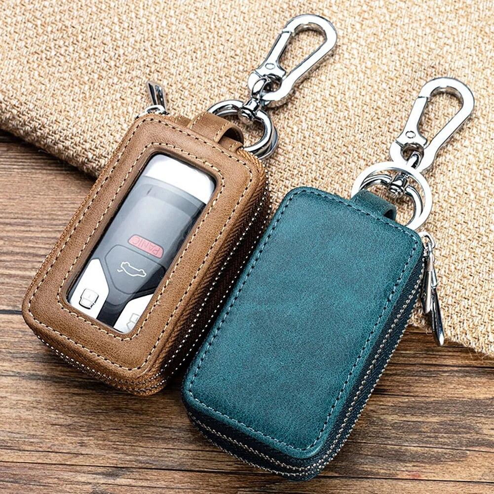 Genuine Cow Leather Home Car Keys' Bag Double Pocket Zipper Mini Wallet Earth Yellow Men Women's Key Holder Transparent Pocket