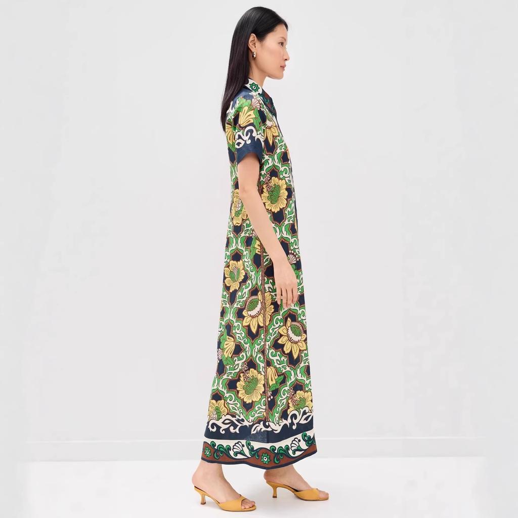 European and American Retro Contrasting Color Printed Shirt Skirt, Lapel Short-sleeved Long Temperament Holiday Dress