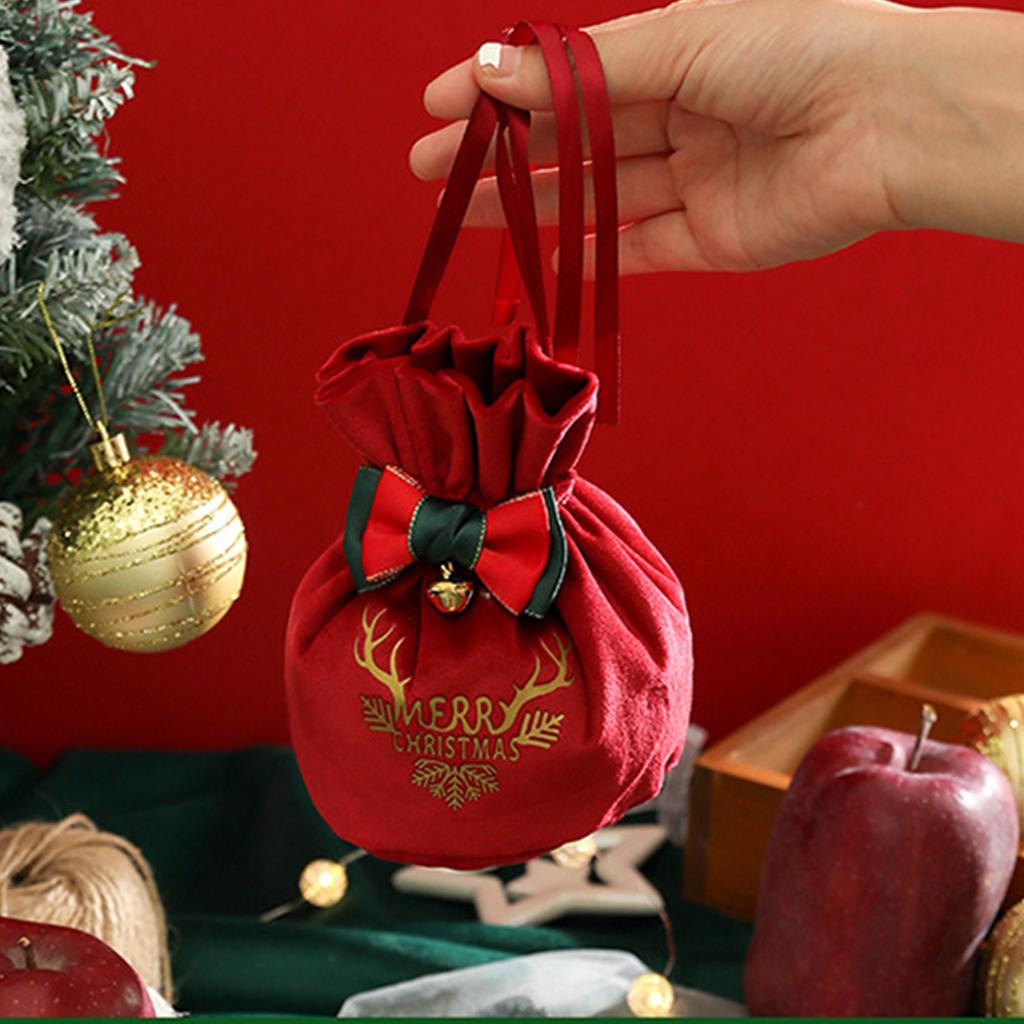 Christmas Gift Bag Velvet Drawstring Bags for Wedding Small Candy Jewelry Pouches with Bow & Bell Decor 4.7" X 5.9"
