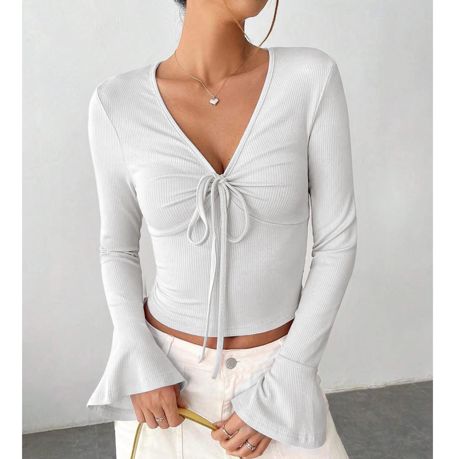 

Жіночий повсякденний модний топ з V-подібним вирізом і рукавами-кльош, однотонний, повсякденний топ, повсякденний топ XL білий