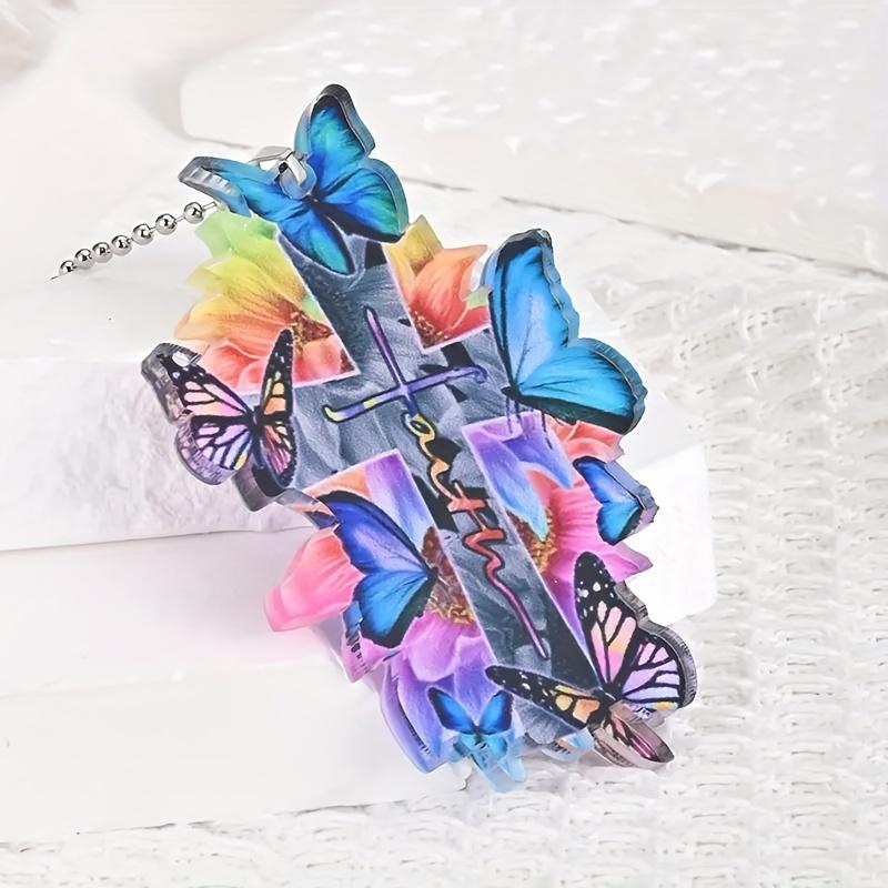 Cross Car Pendant Car InteriorDecorations Christian Religion Blue Butterfly Hanging Ornament Keychain Car Interior Accessories