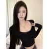 Pure Lust Hottie Style Sexy Low-neck Black Long-sleeved Women's Spring and Autumn Slim-fitting High-waist Navel-baring Short Top for Winter