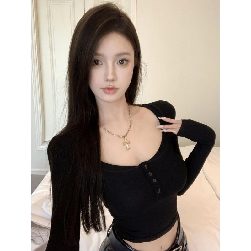 Pure Lust Hottie Style Sexy Low-neck Black Long-sleeved Women's Spring and Autumn Slim-fitting High-waist Navel-baring Short Top for Winter