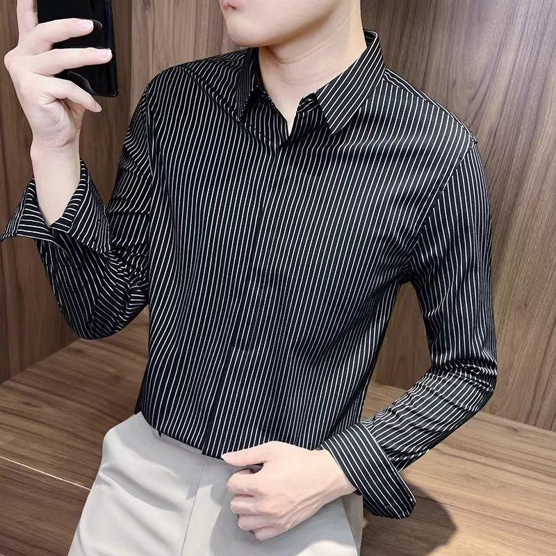 V-Ausschnitt Hemd Herren Langarm Trend Hübsches Schlank Casual Kragen Gestreiftes Hemd