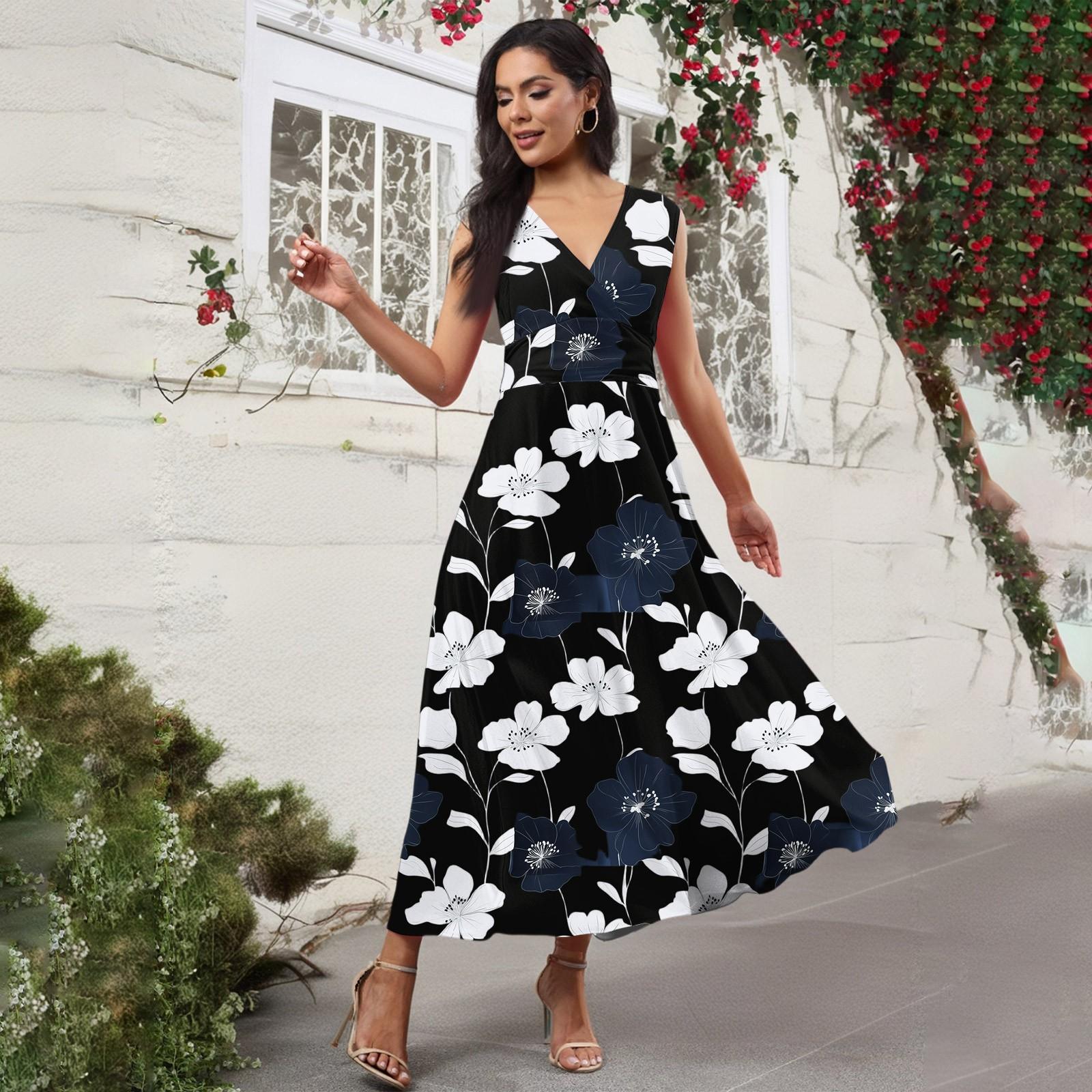 

Женское повседневное и модное платье без рукавов с цветочным принтом и V-образным вырезом Платье без рукавов S