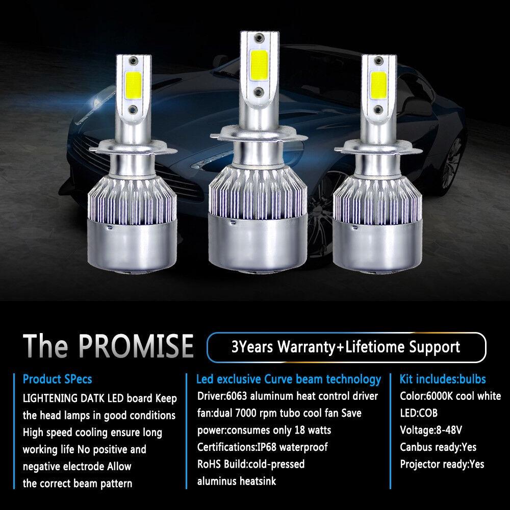 H7 300w Pair 36000lm Cob Led Headlight Bulbs Kit Highlow Beams 6000k White Lamp