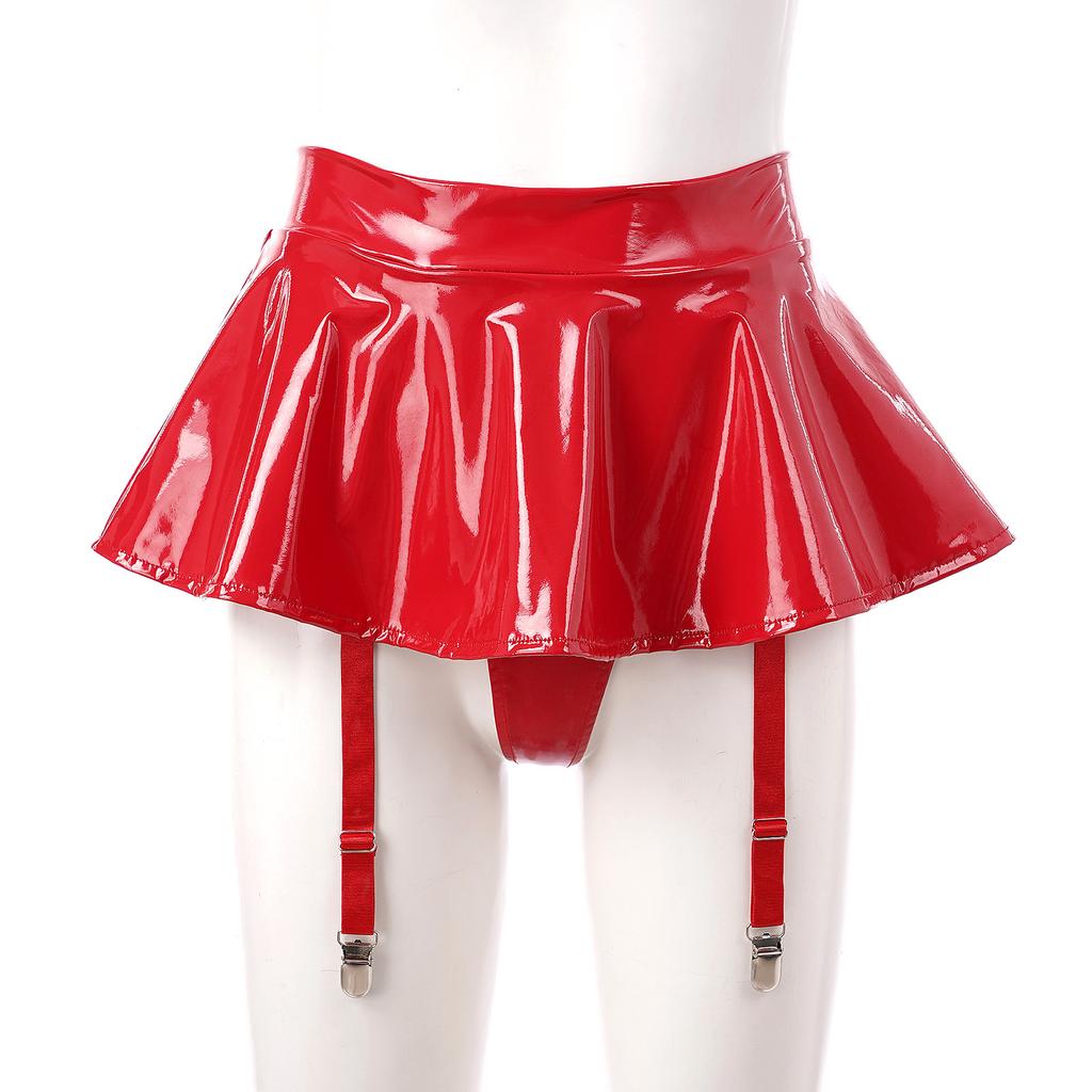 Dámské Wet Look Lakovaná kožená sukně Volánková Vestavěná tanga Podvazkové pásky Kovové spony Minisukně Party Clubwear