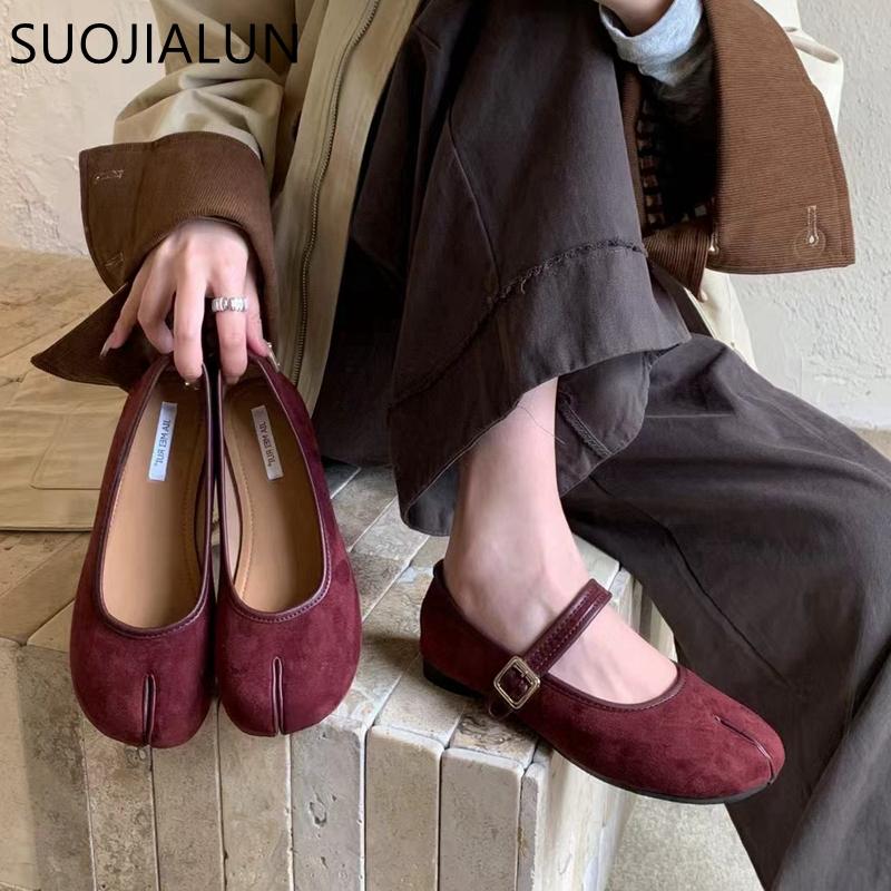Fashion SUOJIALU 2024 Autumn Women Flat Shoes Fashion Split Toe Slip On Ladies Elegant Baot Shoes Soft Low Heel Outdoor Dress Single Sho