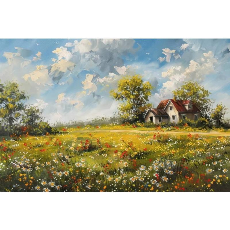 Wildflower Field Cat Sparrow Farm House Painting Posters and Prints Canvas Printing Rustic Retro Wall Art Picture for Home Decor