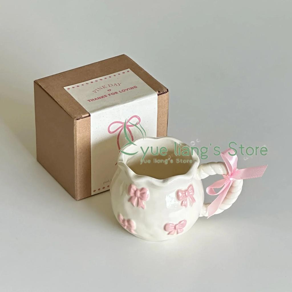 Handmade Irregular Mug, Pink Three-dimensional Bow Coffee Cup, Artistic Niche Mug Gift Ceramic Water Cup