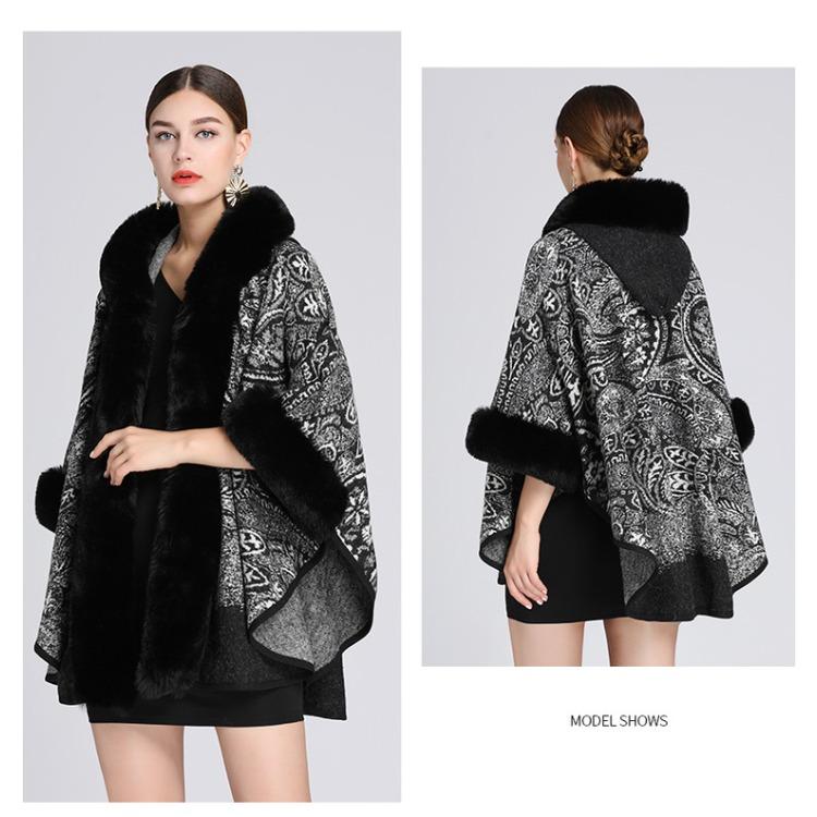 GMXIA Autumn and Winter Imitation Rex Rabbit Fur Collar Jacquard Shawl Cape Plus-size Woolen Coat Cardigan for Women
