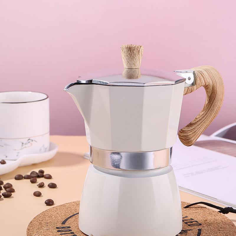 

150ml Italian Mocha Espresso Percolator Pot Home Stovetop Coffee Maker Aluminum Moka Pot Kitchen Coffee Making Tool for Three People (No FDA,BPA-free) White