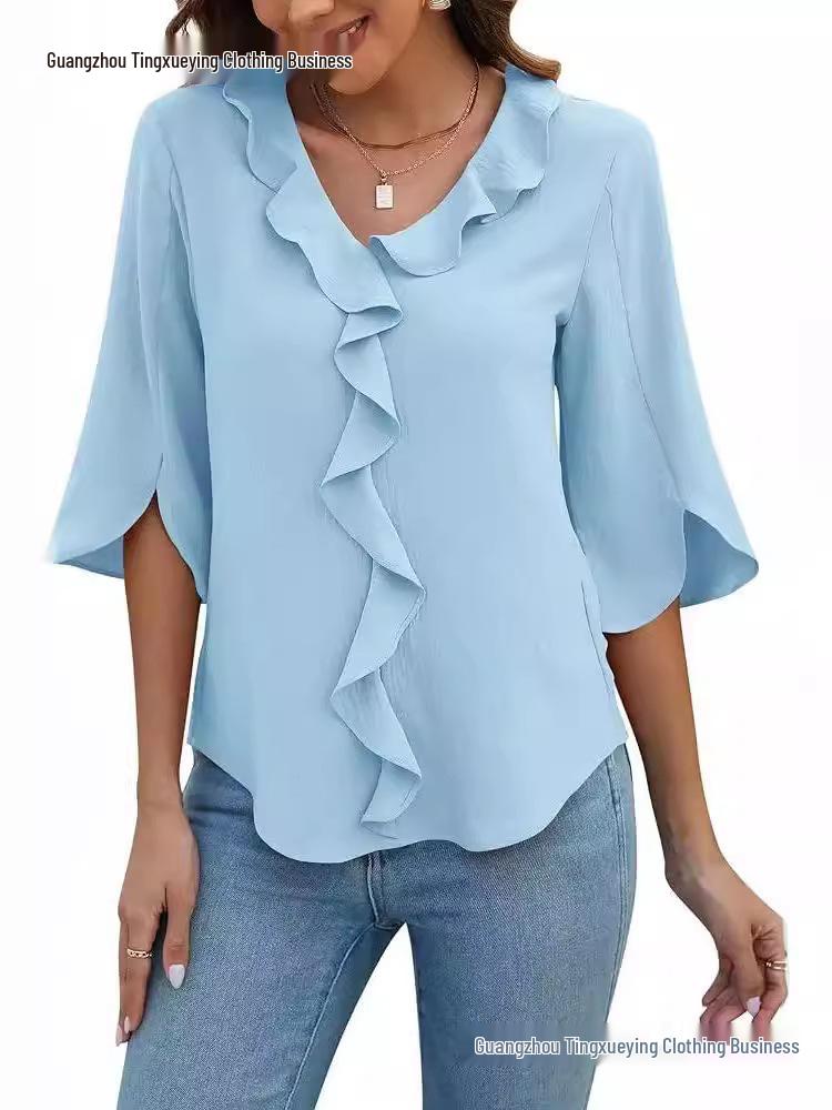 European & American Women's Artistic V-neck Ruffle Casual Shirt
