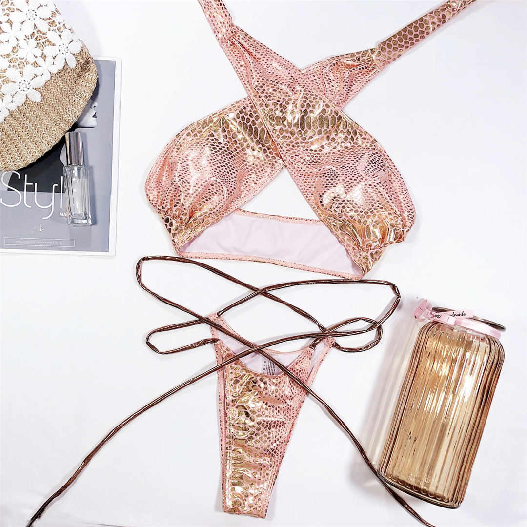 

Блестящие стринги-бикини с лямкой на шее, женские купальники, женский купальник, комплект бикини с запахом, купальный костюм M розовый