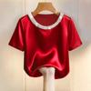 French Style Satin Silk T-Shirt Loose Short Sleeve Top Business Casual Women's Tops  Ladies