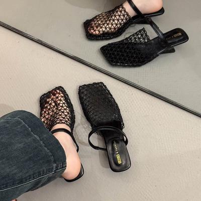 Summer New Favorite! Niche Design Fishing Net Half Slippers Woven Mesh Hollow Special-shaped and High-heeled Outer Slippers Women