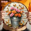 Metal Wall Art Music Note Sign Rustic Farmhouse Decor Tin Round Orange Pink Flowers Antique Sheet Music