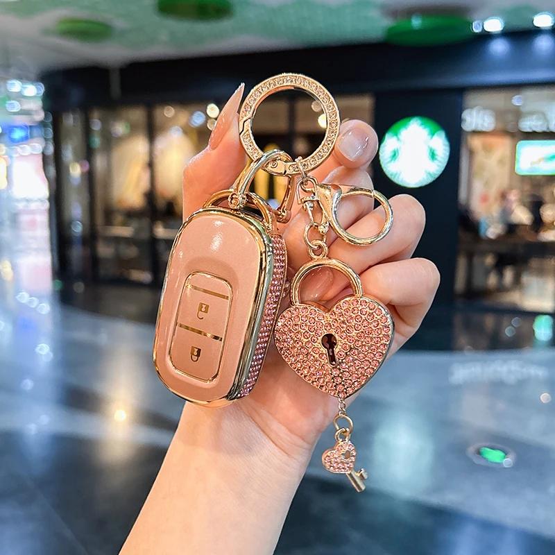 Car Key Case Cover Shell For Honda Civic Car Accessories Cute Bear Keychain, Diamond Car Key Holder