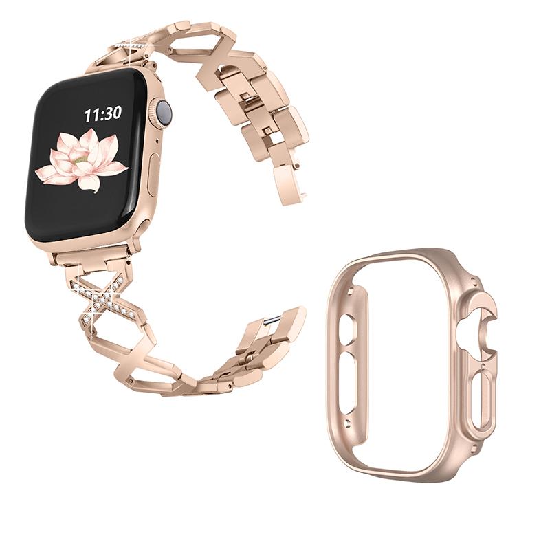 For Apple Watch Ultra 49mm Rhinestone Decor Bling Watch Band X-shaped Stainless Steel Strap with Rose Gold PC Hollow Watch Case
