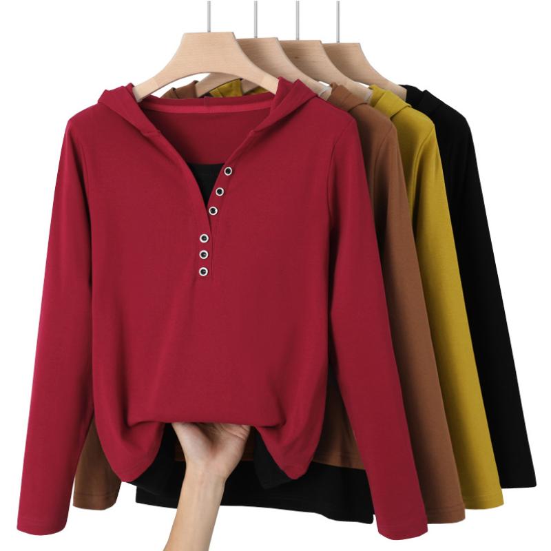 Maglietta Donna Finto Due Pezzi Manica Lunga - Rosso Ruggine E Bianco, Scollo A V, In Viscosa