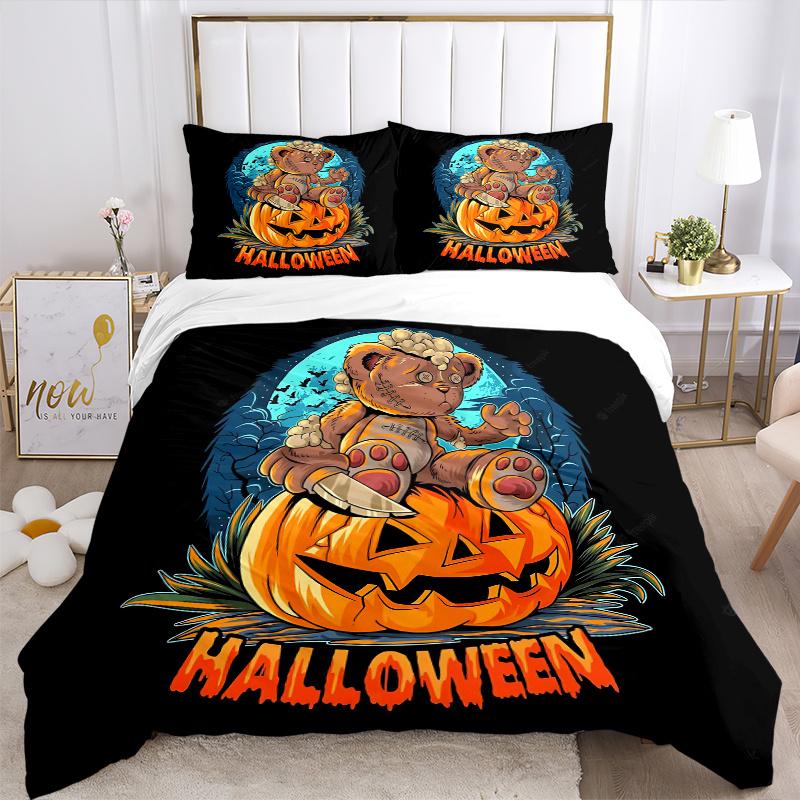 3pcs Scary Bear Pumpkin Halloween Bedding Set - Includes Quilt Cover and Pillowcases, Suitable for All Seasons, Machine Washable - Ideal Gif
