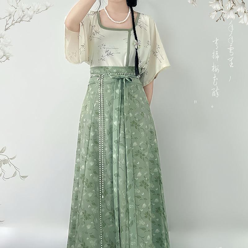 Chinese Song Dynasty Style Hanfu For Women, Printed Improved Crew Neck Shirt And One-piece Skirt Daily Suit