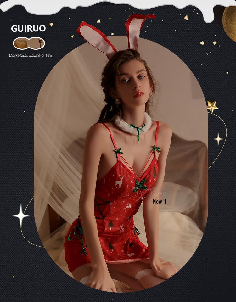 Übergröße Sexy Durchsichtiges Mesh Weihnachts-Dessous-Set mit Aufdruck - Rückenfreies Nachthemd