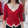 2026 Spring Korean Chic Irregular Color Block Lapel Slimming Two-Tone Top