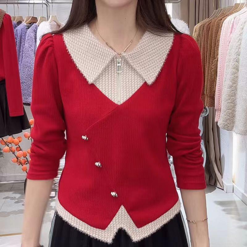 

2026 Spring Korean Chic Irregular Color Block Lapel Slimming Two-Tone Top M (recommended 85-100 kg) червоний