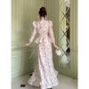 Western Style Floral Sweet Long Sleeve Top Skirt Sets Printed Shirt and Skirt Set