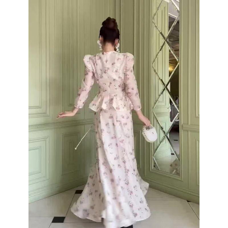 Western Style Floral Sweet Long Sleeve Top Skirt Sets Printed Shirt and Skirt Set