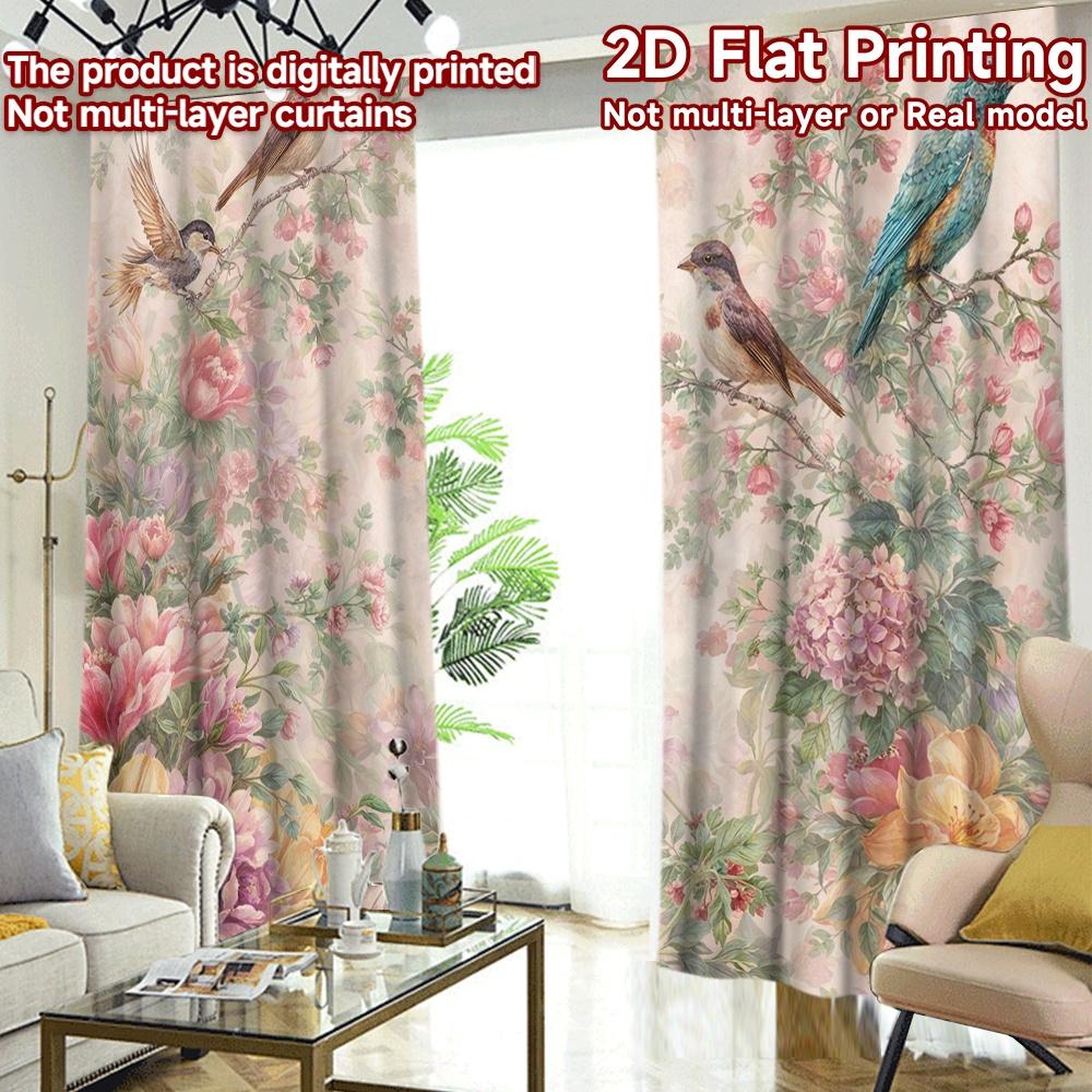 2D FLAT PRINTING 2pcs Curtains (Without Rod) Birds Among Blossoms Popular Minimalist Curtains 100% Polyester Curtains Outdoor