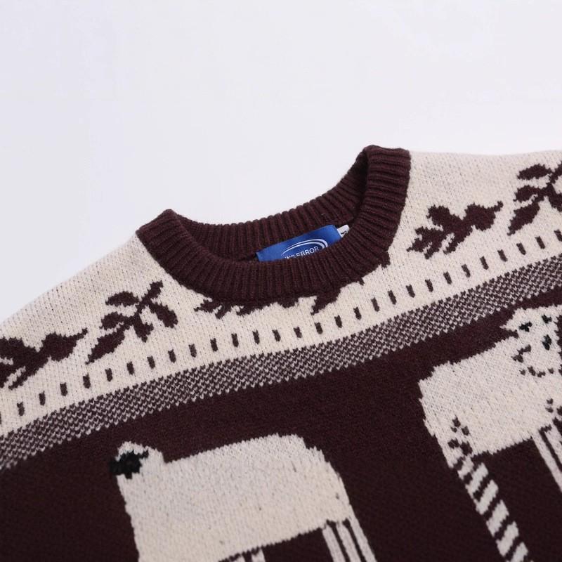 Unisex Oversized Knit Sweater With Retro Cartoon Jacquard Cozy Loose Fit Winter Streetwear