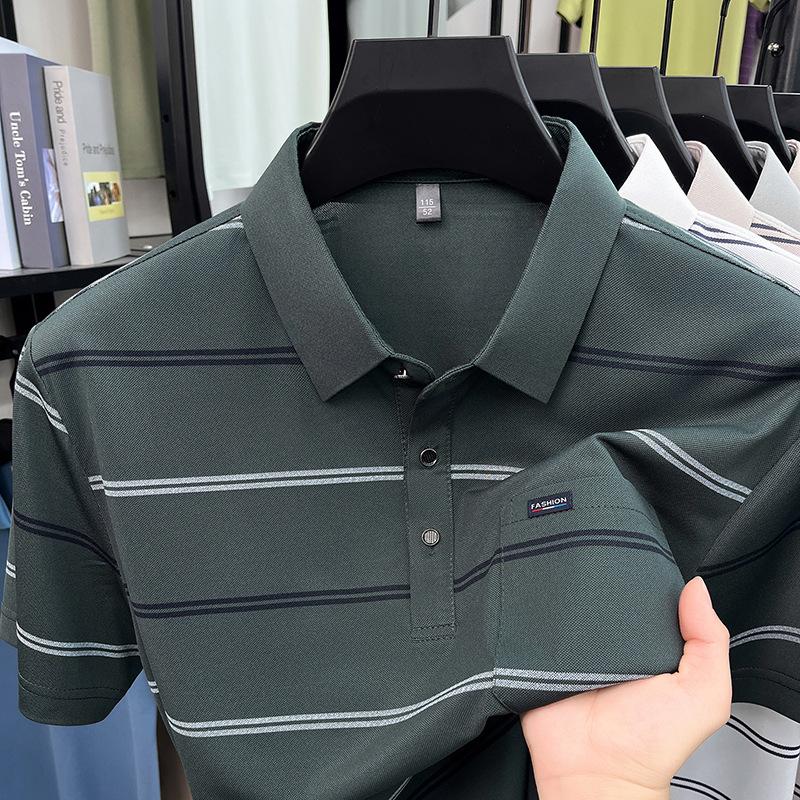 Lapel Collar Striped T-Shirt Short Sleeve Summer Loose Fit Business Casual Top T-Shirtpolo