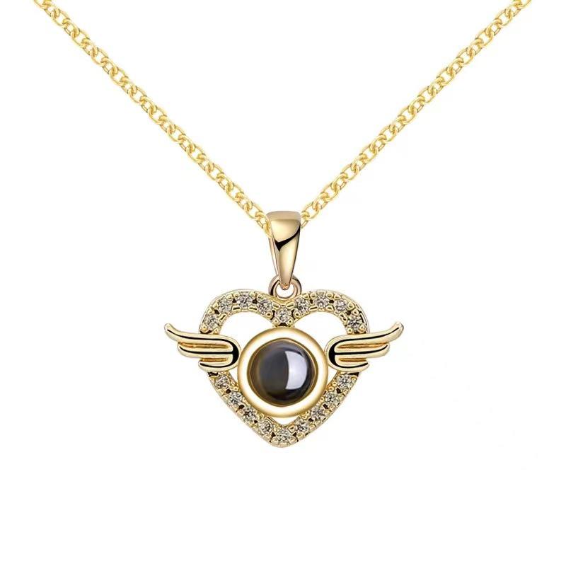 Heart Shape Angel Wings Projection Necklace with Rhinestone and 100 Language Feature золотой