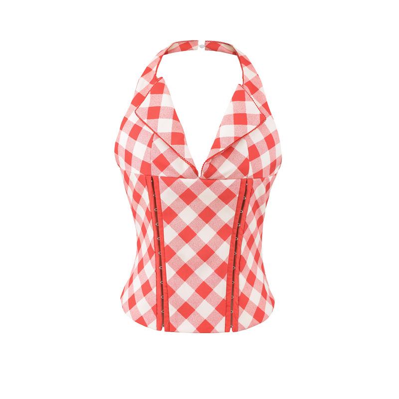 Women s Retro Red Plaid Halter Neck Waist-Cinching Backless Camisole: Petite, Elegant, and Design-Conscious Tank Top Large