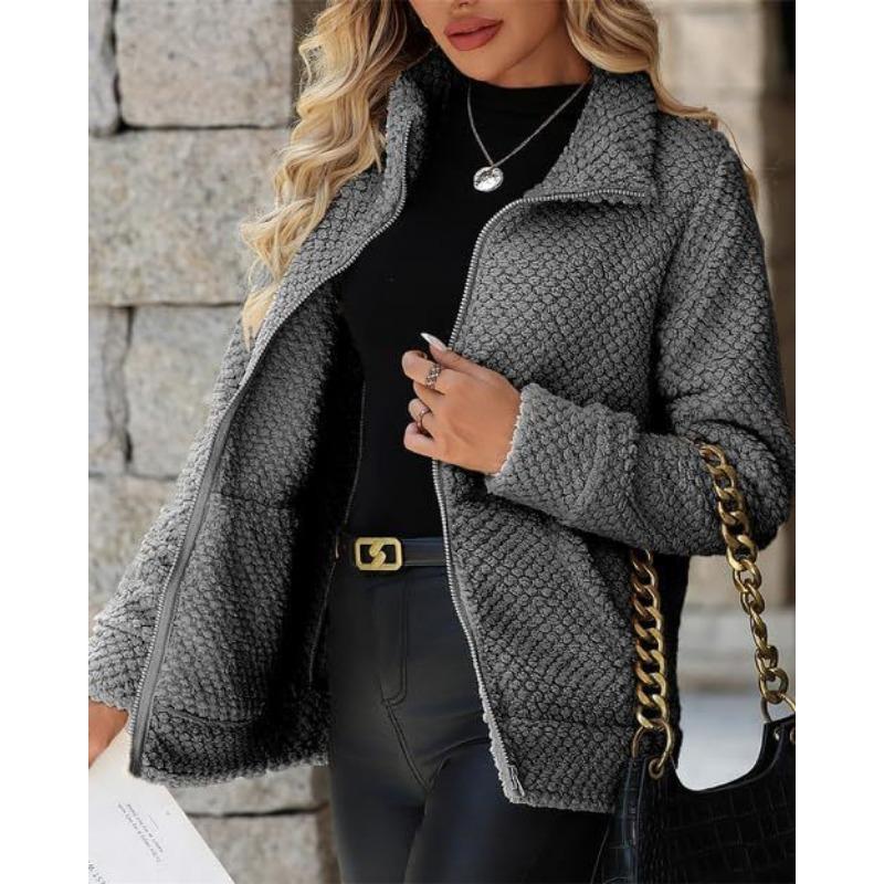 Women S Loose Casual Plush Coat With Pockets Lapel Zip Up