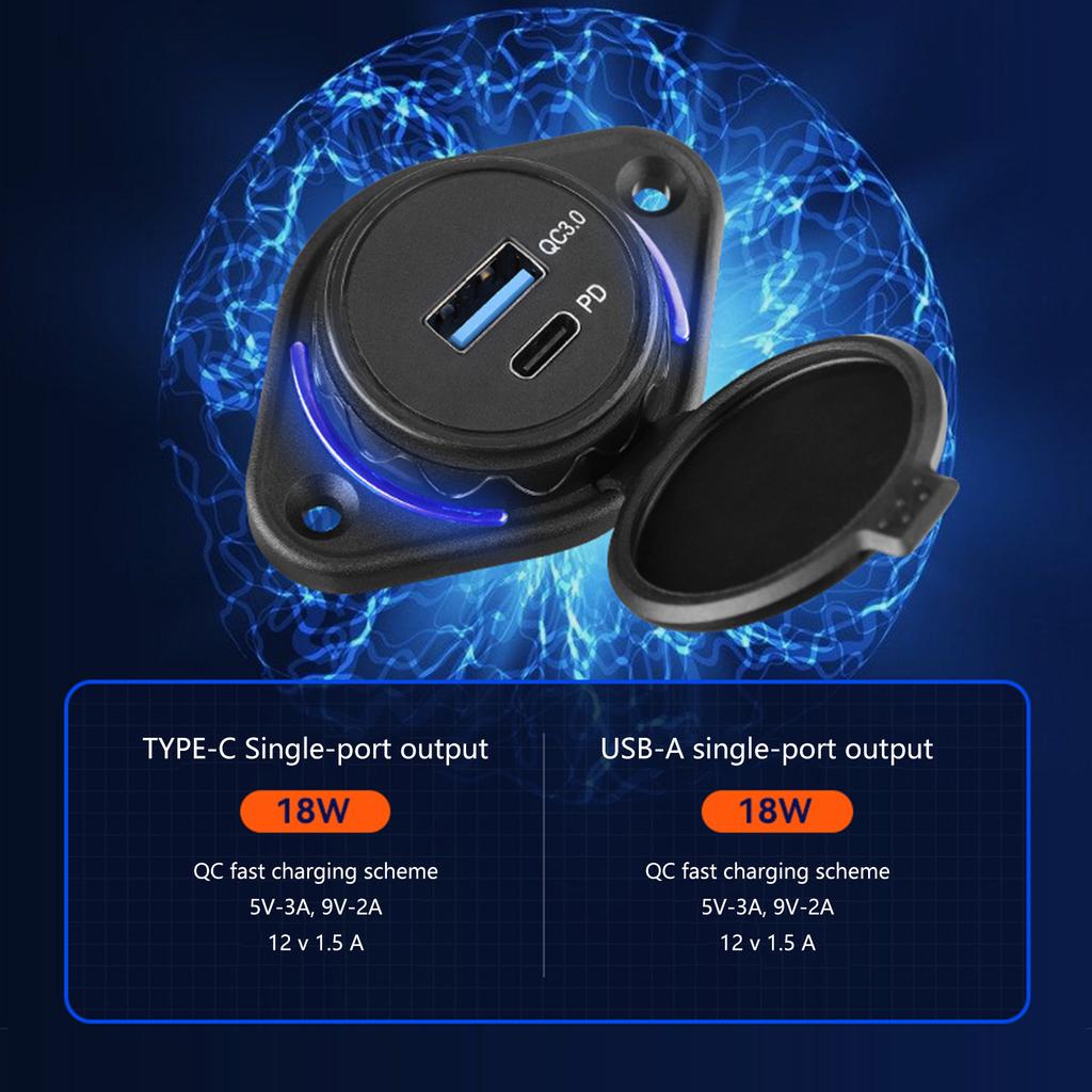 Quick Charge3.0 and PD18W S USB Outlet 12V/24V Panel Mount Car Chargers 36W USB Port Outlet Waterproof Cover